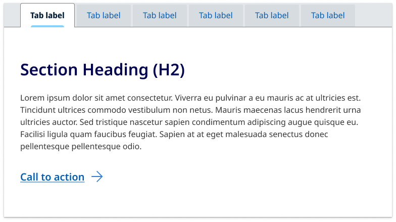 Example of default tab component with 5 tabs using the contained style
