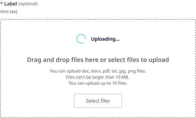 Example of upload field showing a disabled state with a loading spinner.