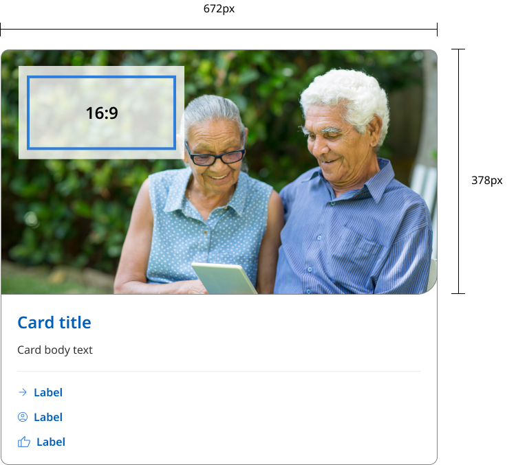 This example shows the maximum sizes for images used in standard card designs. The size is 672px wide by 378px high 