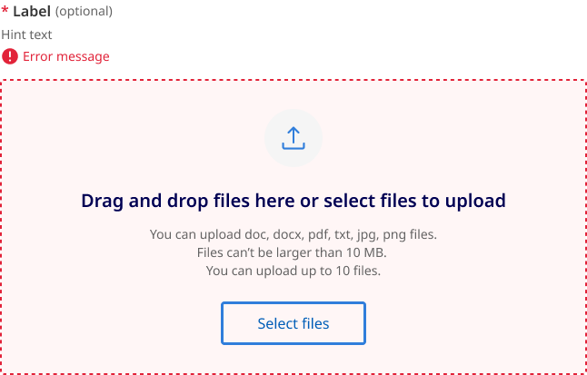 Example of invalid sate for the upload field. 